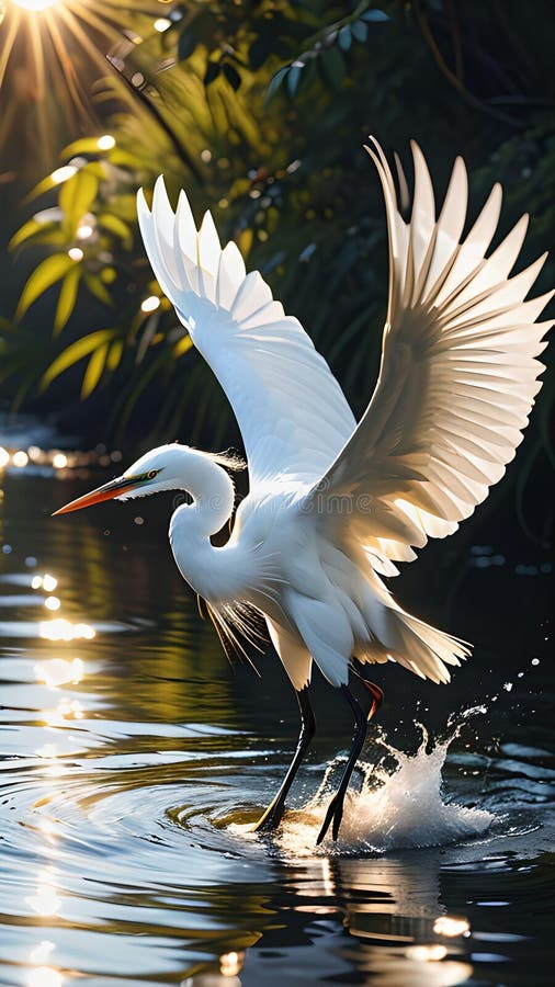 Mesmeryzujący Egret Plunge : Hiperrealna scena 8K Natures Grace and Precision. Mesmerizing Egret Plunge Hyperreal 8K Scene of Natures Grace and Precision Witness zapierający dech w piersiach moment, kiedy egret zanurza się w krystalicznych wodach, pióra błyszczące w słońcu Ta niesamowita scena 8K uchwyca elegancję i precyzję ukazującą piękno dzikiej przyrody w żywym szczególe.