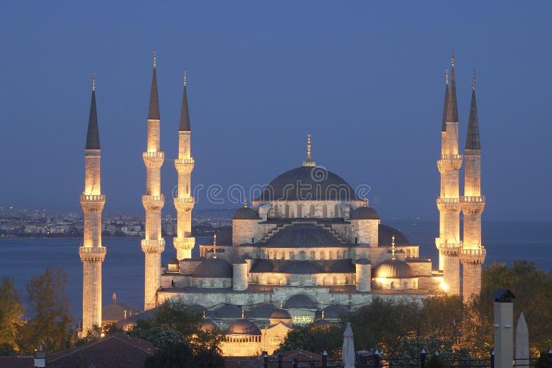 Main mosque of Istanbul - Sultan Ahmet camii. Most famous as Blue mosque. View at early evening. Main mosque of Istanbul - Sultan Ahmet camii. Most famous as Blue mosque. View at early evening.