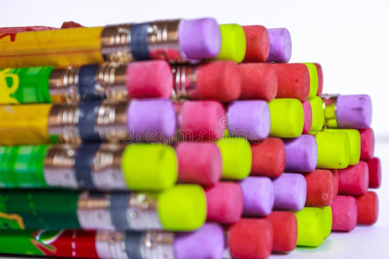 Multicolored Pencil Erasers on White Stock Image Image of yellow, brightly 13561555