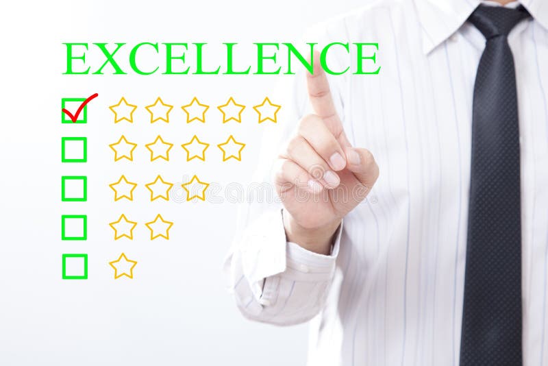 Message d'EXCELLENCE de concept de clic d'homme d'affaires, cinq étoiles d'or photo libre de droits Message d'EXCELLENCE de concept de clic d'homme d'affaires, cinq étoiles d'or photo libre de droits