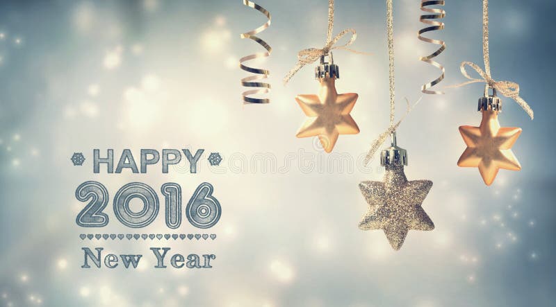 Happy New Year 2016 message with hanging star ornaments. Happy New Year 2016 message with hanging star ornaments