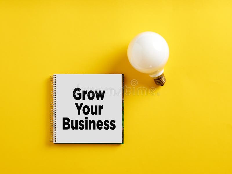 The Message Grow Your Business on Notepad with a Light Bulb. Business