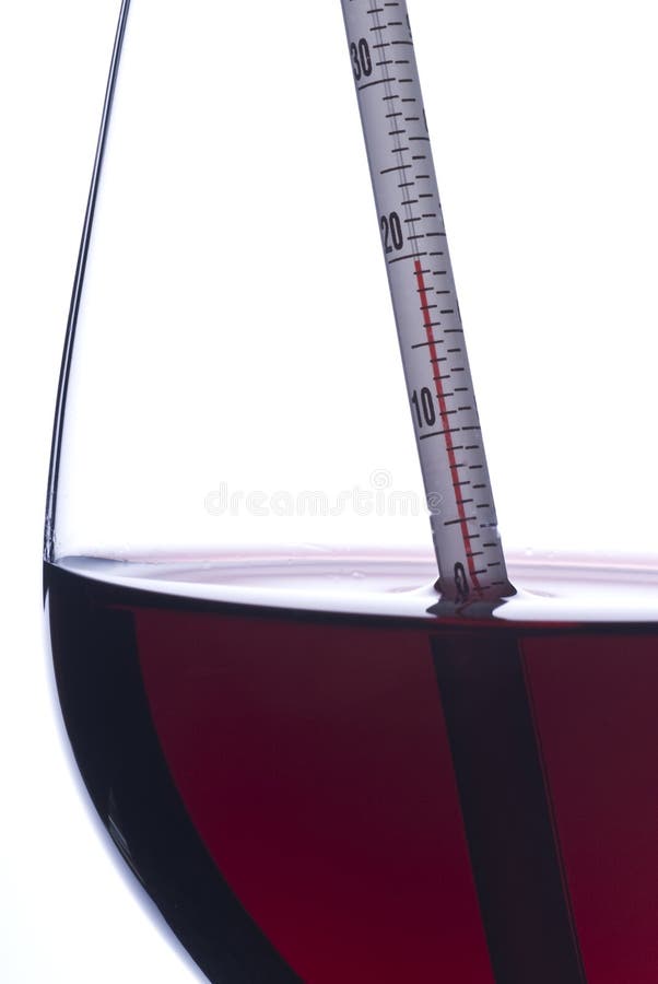 A thermometer submerged in red wine, showing temperature of the wine in Celsius, isolated on white. A thermometer submerged in red wine, showing temperature of the wine in Celsius, isolated on white.