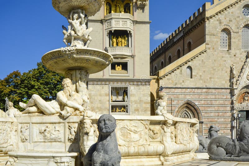 Messina Cathedral on the Mediterranean island of Sicily, Italy. Reclining marble figures and a sphinx highlight the Fountain of Or royalty free stock photos Messina Cathedral on the Mediterranean island of Sicily, Italy. Reclining marble figures and a sphinx highlight the Fountain of Or royalty free stock photos