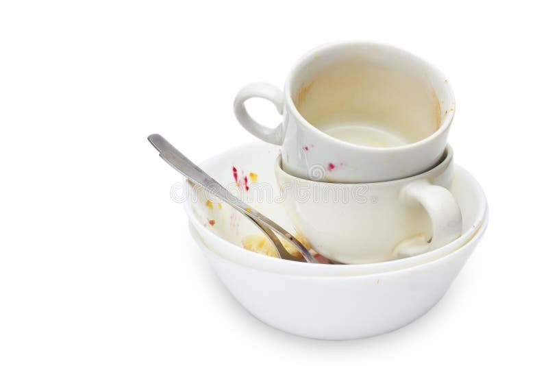 Messthetics aesthetic concept. A photo of dirty empty ceramic cups, bowls, two spoons and a plate isolated on white background. Di