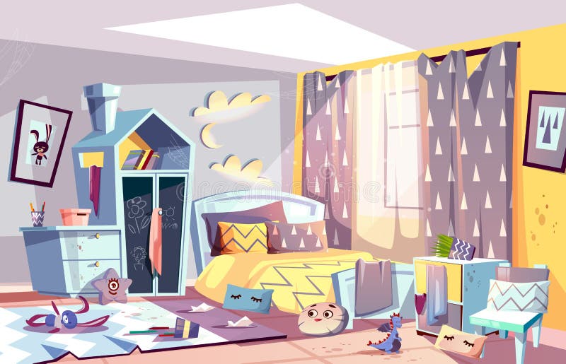 Messy Child Bedroom Sunny Interior Cartoon Vector Stock