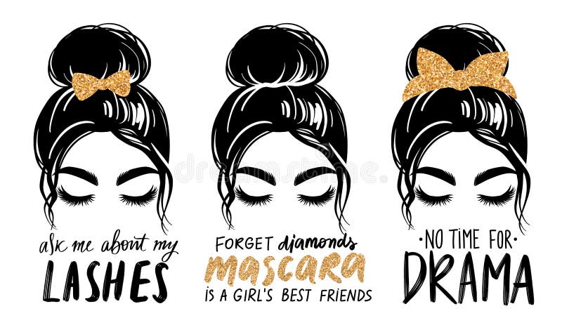 Messy bun with golden glitter bandana or headwrap and hair bow. Vector woman silhouette. Fashion quotes about mascara, lashes, makeup. Beautiful girl drawing illustration. Female hairstyle. Messy bun with golden glitter bandana or headwrap and hair bow. Vector woman silhouette. Fashion quotes about mascara, lashes, makeup. Beautiful girl drawing illustration. Female hairstyle.