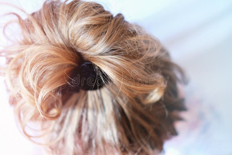 Messy Bun on the Head of a Blonde Woman. Slightly Curly Hair Stock Photo - Image of expression, head: 177133374 Messy Bun on the Head of a Blonde Woman. Slightly Curly Hair Stock Photo - Image of expression, head: 177133374