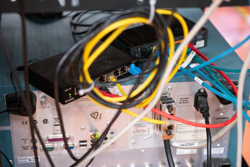 Messy Connection Computer and LAN Cables Power Cord Plugs. Close Up