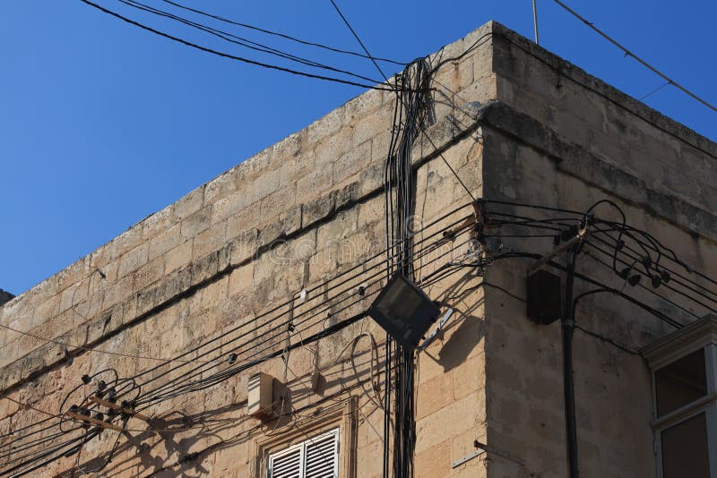 Messy Electrical Cables on Wall Corner in Malta Stock Photo Image of