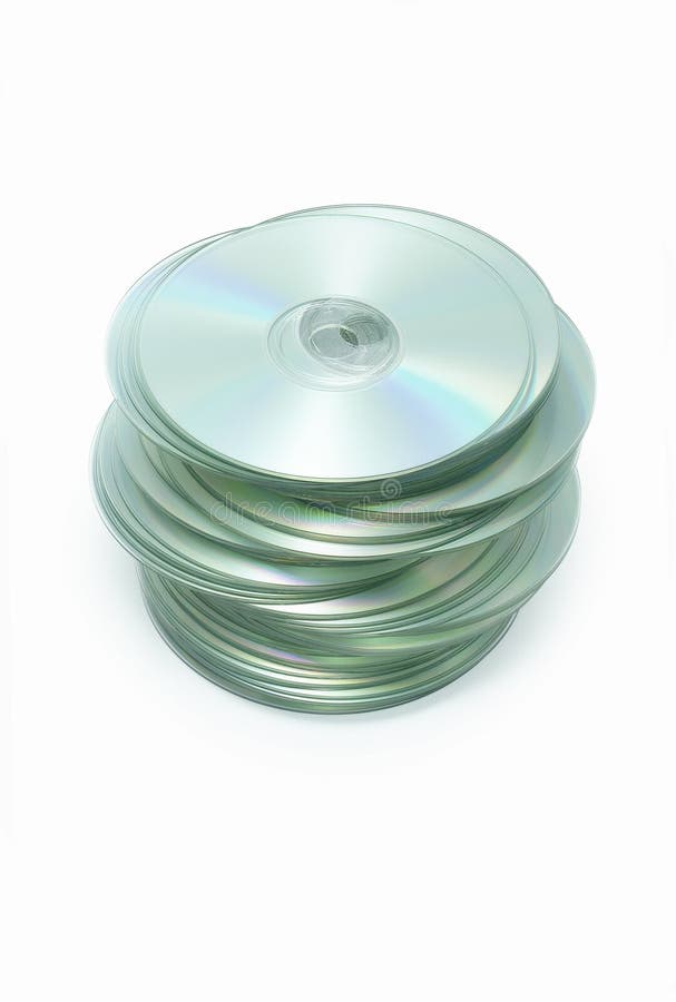 Messy stack of CD disks on white