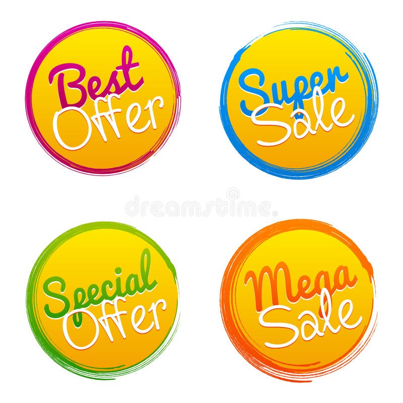 Mest bra erbjudande, toppna Sale, specialt erbjudande och mega Sale vektorfläckar stock illustrationer Mest bra erbjudande, toppna Sale, specialt erbjudande och mega Sale vektorfläckar stock illustrationer