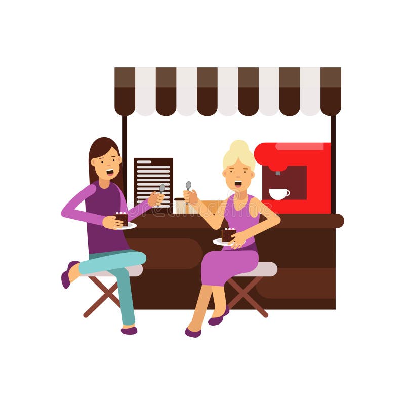 Mest bra kvinnliga vänner som talar och sitter nära kaffestall med kakor i händer vektor illustrationer Mest bra kvinnliga vänner som talar och sitter nära kaffestall med kakor i händer vektor illustrationer