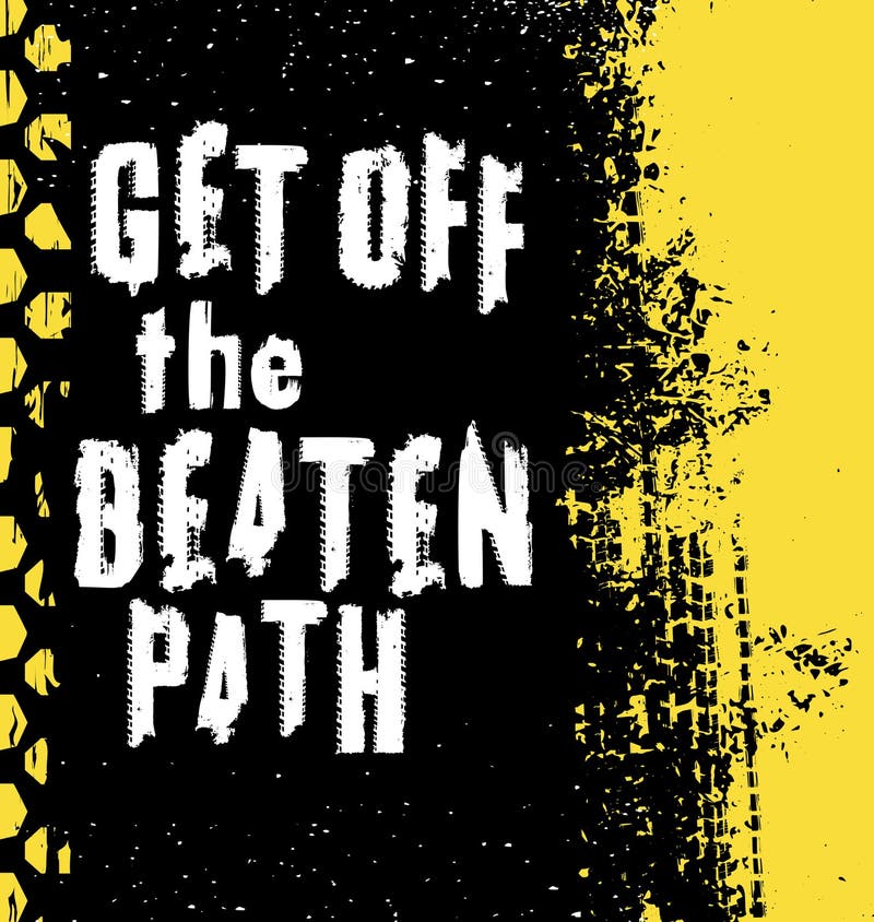 Off-Road grunge lettering. Off the beaten path. Tire track words made from unique letters. Vector illustration. Never stop exploring. Graphic element in white color on a black, yellow background. Off-Road grunge lettering. Off the beaten path. Tire track words made from unique letters. Vector illustration. Never stop exploring. Graphic element in white color on a black, yellow background