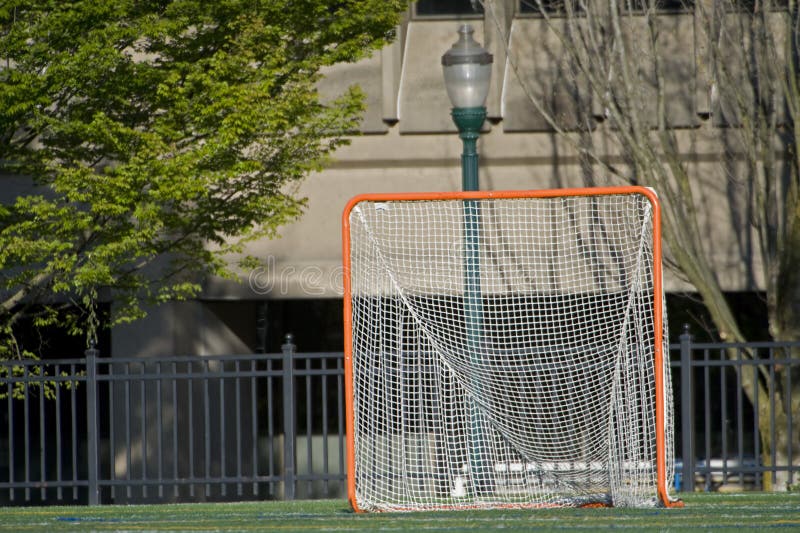 Meta del lacrosse en la configuración del parque de la ciudad fotografía de archivo libre de regalías Meta del lacrosse en la configuración del parque de la ciudad fotografía de archivo libre de regalías