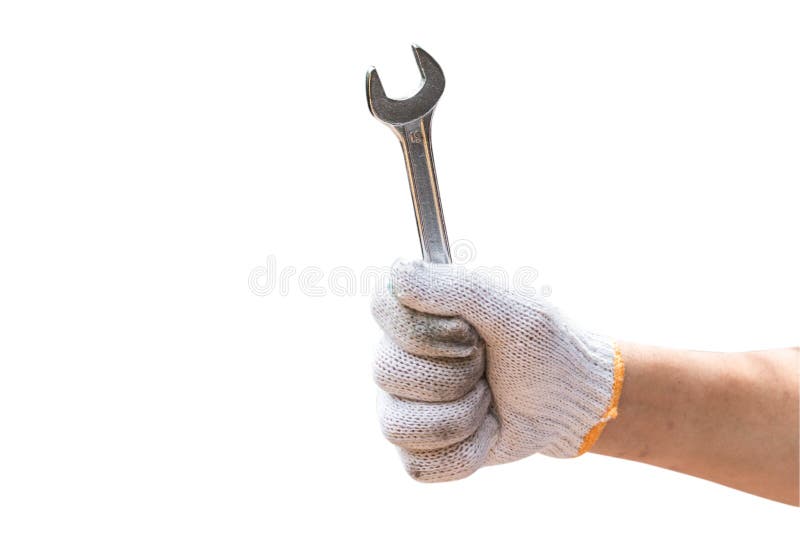 Metaalmoersleutel in mannelijke die hand op de witte achtergrond wordt geïsoleerd stock fotografie Metaalmoersleutel in mannelijke die hand op de witte achtergrond wordt geïsoleerd stock fotografie
