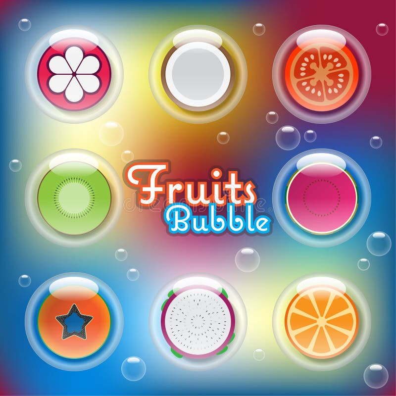 Metade misturada frutos cortados em bolhas de ar ilustração do vetor Metade misturada frutos cortados em bolhas de ar ilustração do vetor