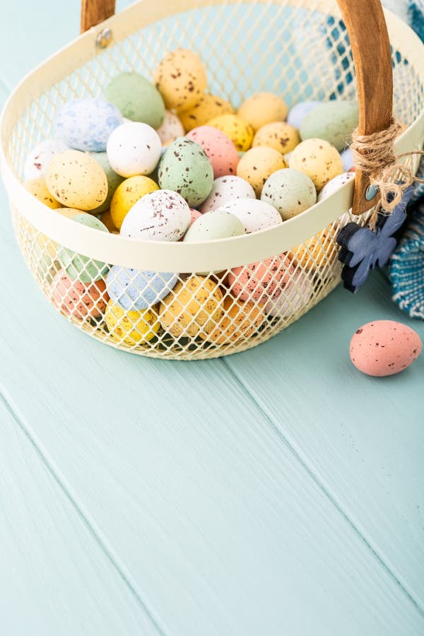 Metal Basket with Colourful Easter Quail Eggs Stock Photo Image of