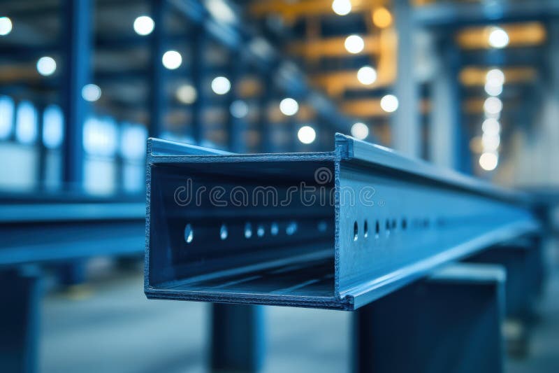 Metal beam in a warehouse illuminated by numerous bright lights. stock photo