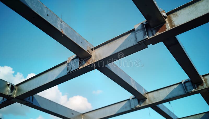 Metal beams crisscross against clear blue sky. Construction project in progress. Modern building framework in city. Strong stock illustration