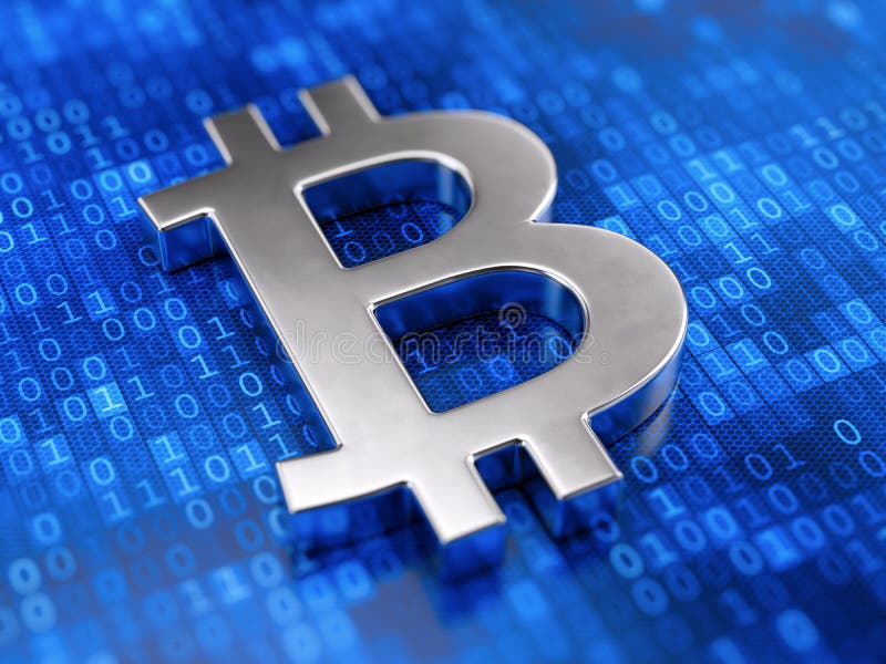 Metal bitcoin sign on digital code background stock illustration
