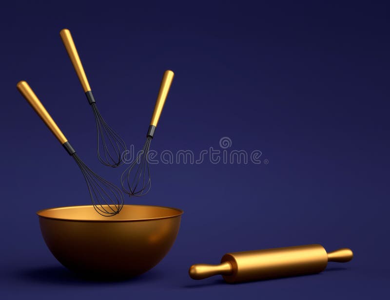Metal Bowl with Kitchen Utensil for Preparation of Dough on Blue