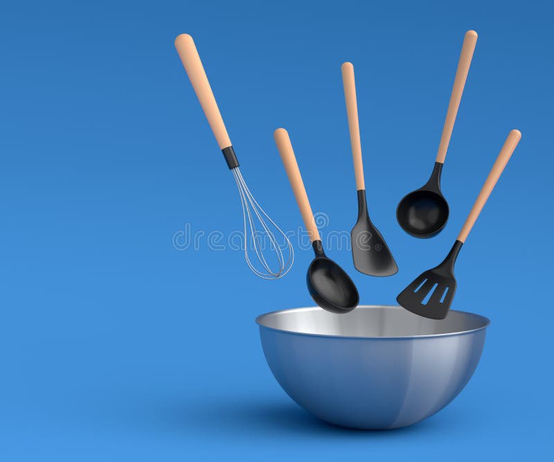Metal Bowl with Kitchen Utensil for Preparation of Dough on Blue