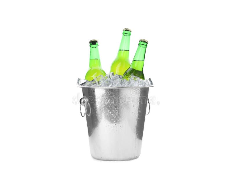 Metal bucket with bottles of beer and ice cubes isolated