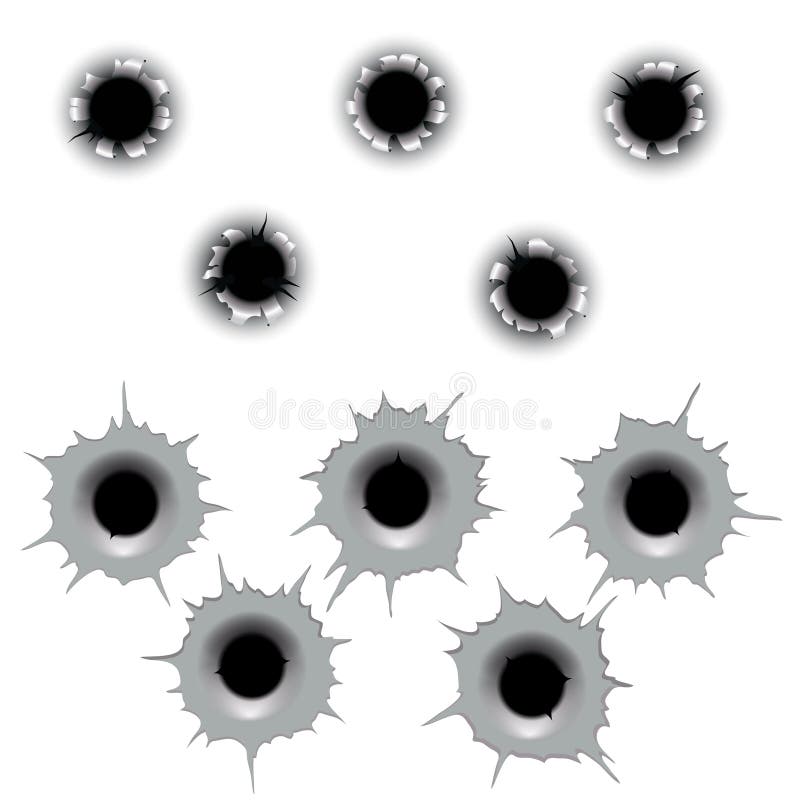 Metal bullet hole set vector. Input holes and output