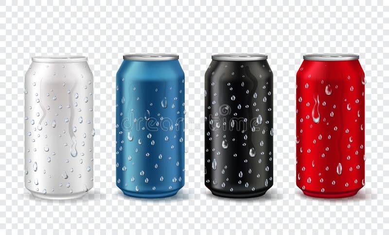 Metal cans with drops. Realistic aluminium can mockup in white, red, blue and black color. Soda or beer package with condensation vector set. Illustration blank aluminum bank, metal package beer color