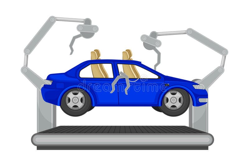 Metal Car Body Frame on Conveyor as Auto Production Assembly Line Process Vector Illustration. Automobile Manufacturing and Automotive Engineering