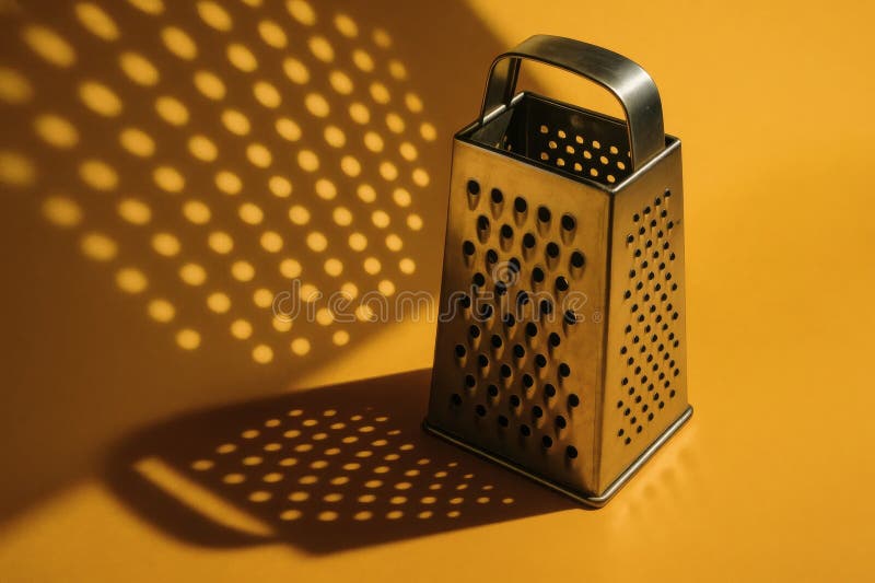Metal cheese grater casting shadows on a bright yellow background in a kitchen setting stock illustration