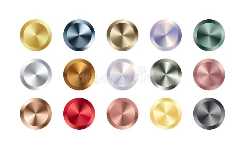 Metal chrome gradient color set. Metallic rose gold, bronze, silver,  elegant blue, green, golden swatches palette on black. Vector shiny  background collection for border, frame, label, web, design Stock Vector