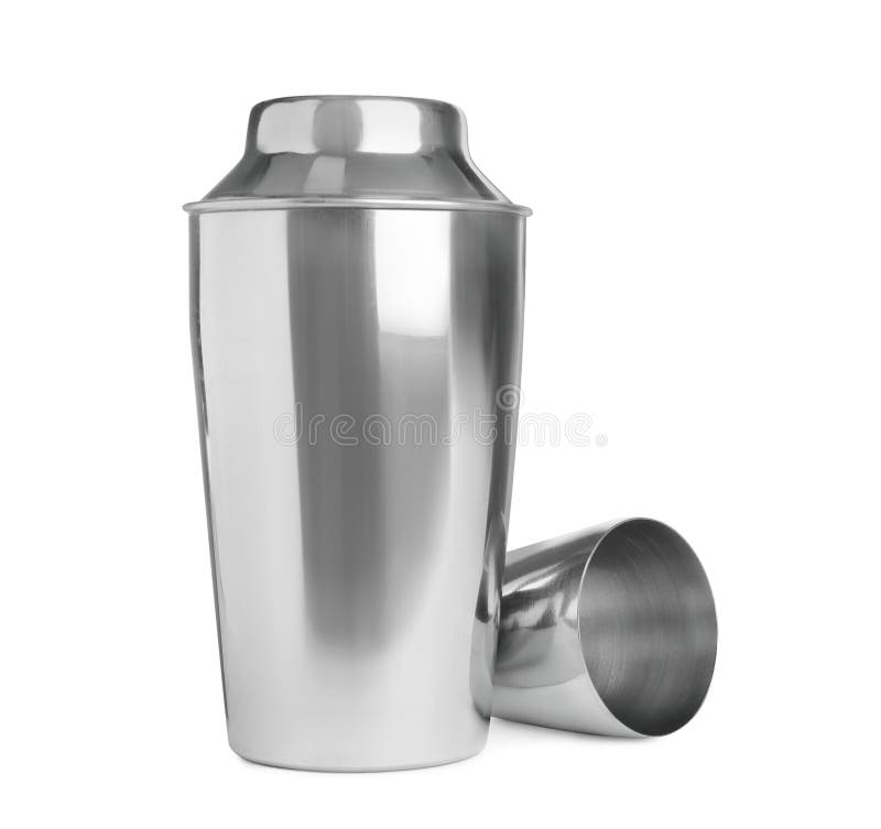 Metal Cocktail Shaker and Cup on White Background Stock Photo Image