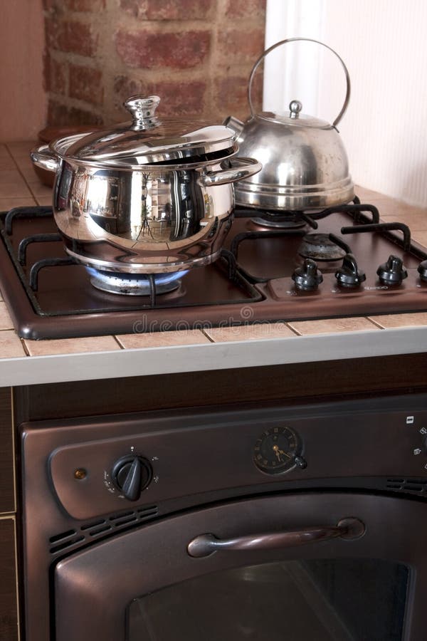 Metal Cooking Pan on Gas Burner Stock Image Image of fire, cooking