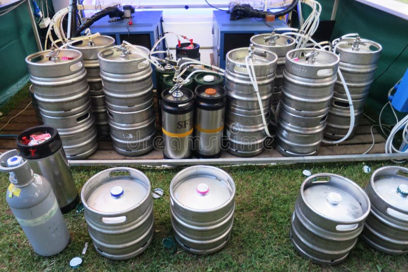 Metal Drums Containing Beverages for Sale and Distribution Stock Image