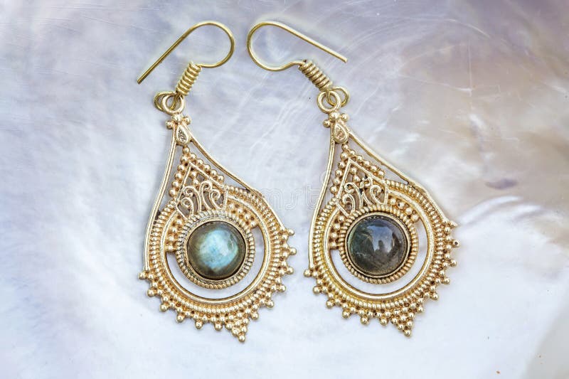 Metal Earrings with Mineral Labradorite Gemstone on Pearl Background ...
