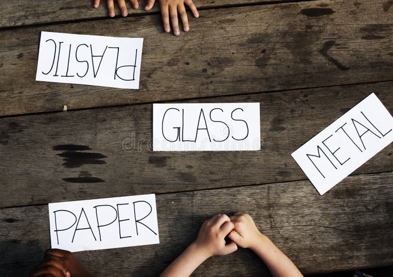 Metal Glass Paper Plastic Hands Concept royalty free stock photos