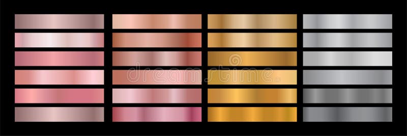 Metal Gradient Collection of Rose Gold, Golden and Silver Swatches vector illustration