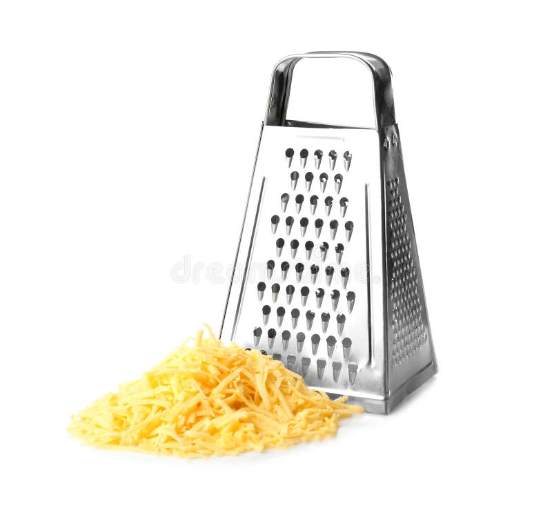 Metal grater and pile of grated cheese.