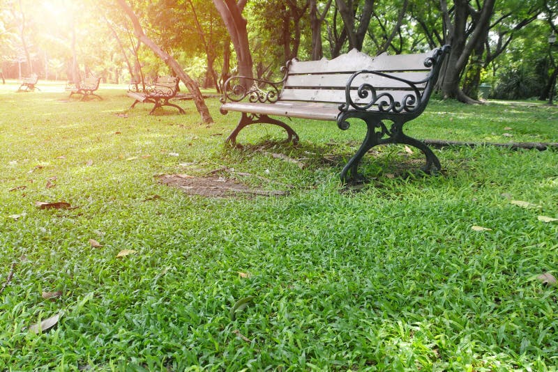 Metal la sedia di giardino su erba verde con la luce di scoppio fotografie stock Metal la sedia di giardino su erba verde con la luce di scoppio fotografie stock
