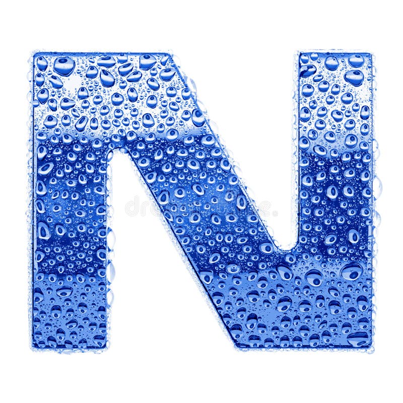 Blue ice alphabet symbol - letter N. Water splashes and drops on glossy metal. Isolated on white. Metal n stock images, royalty-free photos and pictures