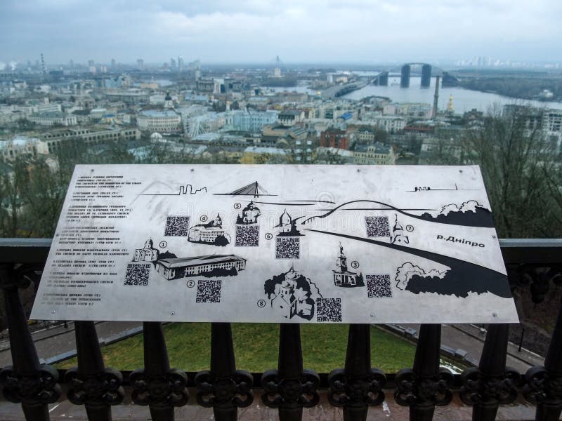 Metal map of Kiev attractions on the background of the city panorama of Kiev royalty free stock photography Metal map of Kiev attractions on the background of the city panorama of Kiev royalty free stock photography