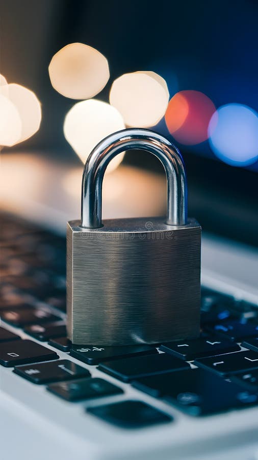Lacătul de metal de pe tastatură reprezintă securitatea în era digitală cu lumini fine de vârf stock illustration