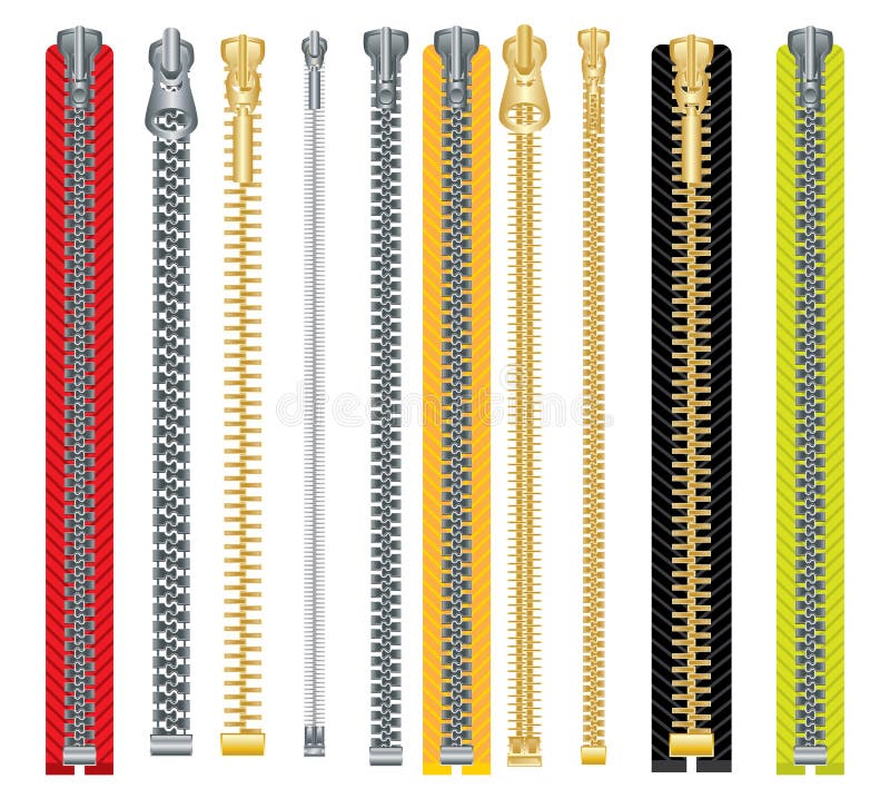 Metal and Plastic Zipper Set Isolated on White Background. Stock Vector