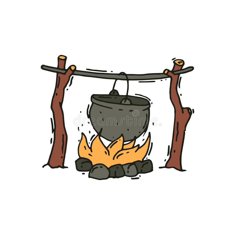 Metal pot over the campfire. Outdoor cooking. Hiking bowler pot on fire. Camping theme. Vector icon in doodle style