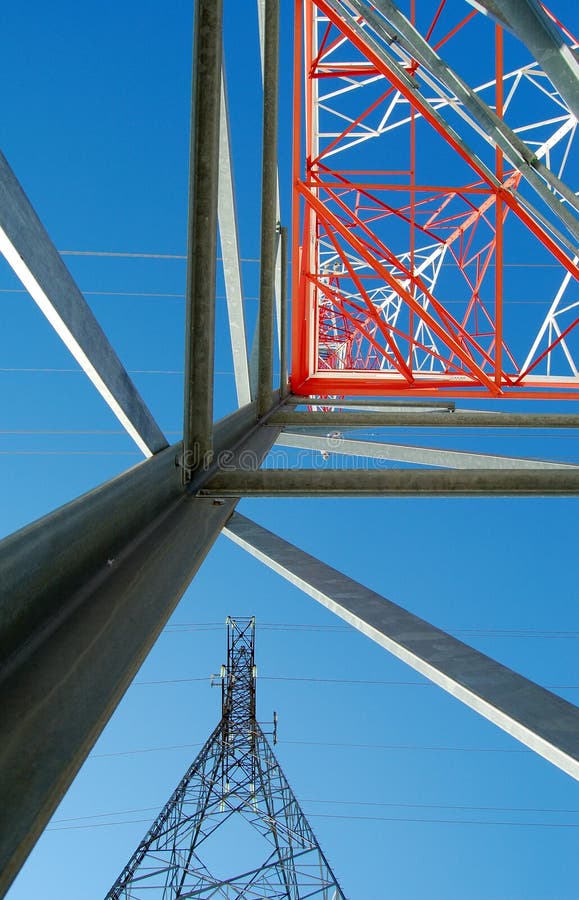 Nice view of two electrical towers. Camera: Nikon D50. Red pylons stock images, royalty-free photos and pictures