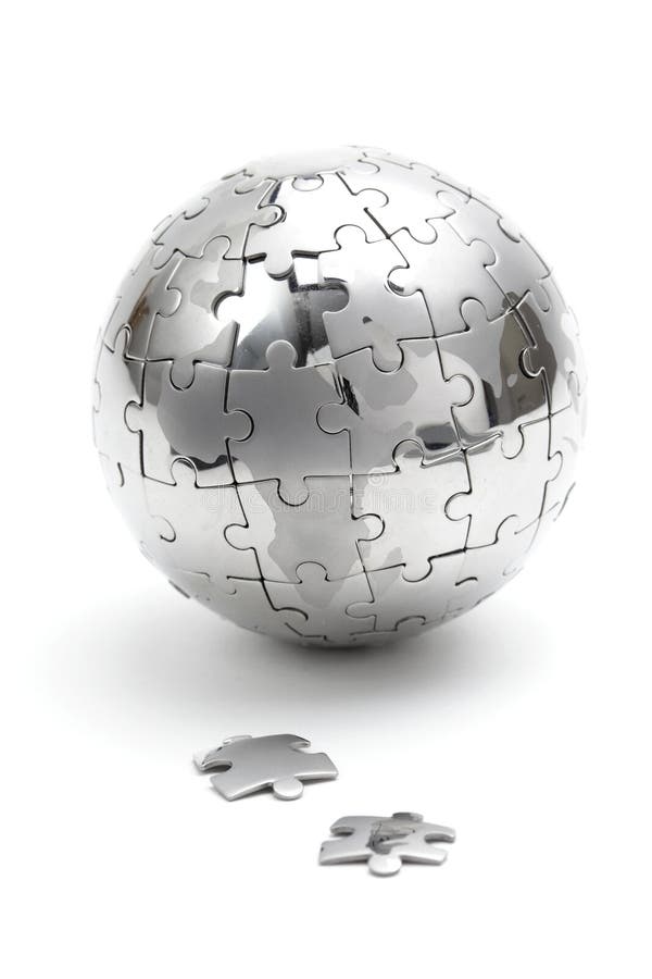 Metal puzzle globe on white background stock photo