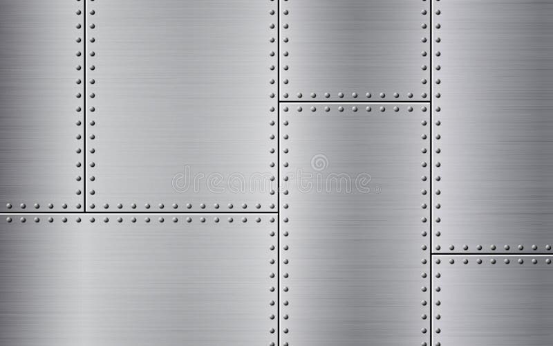 Metal rivets. Steel texture with brushed panels. Riveted industrial background perfect for tech design. Polished metal vector illustration