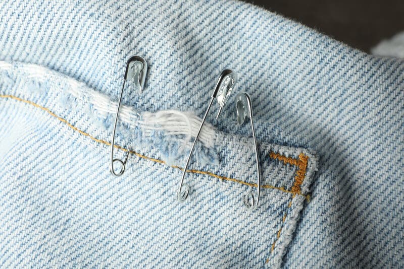 Metal Safety Pins on Denim Fabric, Closeup Stock Image Image of